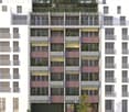 Modern multi-story residential building with balconies, greenery, and a central entrance.