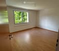 Empty room with wooden flooring, white walls, and a window with white frame showing greenery outside.