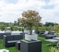 Garden / Outdoor Area. A modern outdoor seating area with grey sofas, wicker chairs, and a metal table, surrounded by potted trees and greenery on artificial grass.