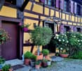 Traditional half-timbered house with yellow and purple exterior, surrounded by a well-maintained garden with potted plants, shrubs, and a small fountain.