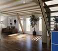 Modern living room with wooden flooring, exposed wooden beams, large windows, a brown sofa, a small coffee table, a floor lamp, and decorative vases.