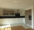 Modern kitchen with white and wood cabinets, stainless steel appliances, and a black countertop.