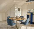 round dining table, blue chairs, carpet, white kitchen, shelves, window