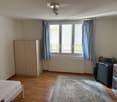 A furnished bedroom with a bed, wardrobe, suitcase, table, chair, and curtains. The room features wooden flooring and a large window with a view.