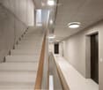 modern building, white tiled floor, white marble staircase, concrete walls, wooden handrail, ceiling lights