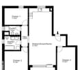 Floor plan of a 4-room apartment with a combined living/dining/kitchen area, three bedrooms, two bathrooms, and a balcony.