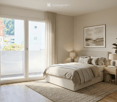 Modern bedroom with a large bed, nightstands, lamps, a plant, and a view through large windows.