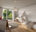 Modern bedroom with a bed, desk, chair, and a balcony with a view of greenery.