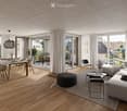 Modern living room with wooden flooring, large windows, balcony access, sofa, coffee table, ottoman, dining table, and chairs.