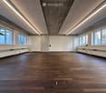 empty room, wooden floor, white walls, windows, ceiling lights