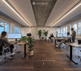 Modern office space with wooden flooring, large windows, and multiple workstations. Each workstation includes a chair, desk, laptop, and screen. Potted plants are placed around the room, and people are working or discussing projects.