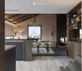 Modern, open-concept room with a bar counter, four stool chairs, a dining table, a fireplace, shelves, a chandelier, a lamp, a faucet, and a sink. The room features a large window with a scenic mountain view.
