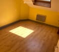 Bright, empty attic room with wooden flooring, yellow walls, and a skylight window allowing natural light to enter.