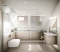 modern bathroom with shower, toilet, sink, wooden cabinets, tiled floor, plants, mirror
