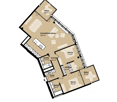 Floor plan of a 59.5 m² apartment with kitchen/living/dining area, two bedrooms, two bathrooms, and two balconies.