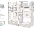 Floor plan of a duplex apartment with three bedrooms, a living/dining area, kitchen, bathrooms, and two terraces.