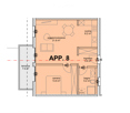 Floor plan of apartment 8, including living/dining area, kitchen, bedroom, bathroom, and terrace.