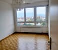 Empty room with wooden herringbone flooring, large windows offering a cityscape view, and a radiator below the windows.