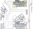 Floor plan of a multi-story building with labeled rooms and sections, including living areas, bedrooms, bathrooms, and outdoor spaces.