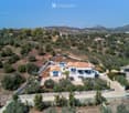 Aerial view of a two-story house with a swimming pool, surrounded by olive trees and other houses in a rural setting.