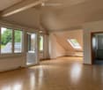 Bright, empty room with wooden flooring and slanted wooden ceiling. Large windows and a skylight provide natural light. Adjacent kitchen area visible through an open doorway.
