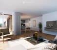 Modern living room with a sofa, armchair, coffee table, dining area, pendant lights, bookshelf, and plants.