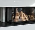 Modern electric fireplace with a sleek black frame and a glass front, displaying a realistic wood-burning effect.