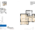 Floor plan of a 3.5-room apartment on the ground floor, including a master bedroom, living/dining/kitchen area, bathroom, and terrace.