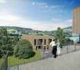 Balcony overlooking a scenic landscape with a modern building and distant town view.