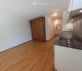 A furnished room with a wooden floor, a large wooden cabinet, a modern kitchen area with a granite countertop, sink, and faucet, and a small mirror on the wall.