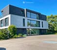 Modern two-story house with dark brick facade, large glass windows, and a spacious driveway.