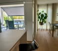Modern dining area with light wooden flooring, a black dining table with white chairs, a potted plant, and a sliding glass door leading to a balcony with outdoor furniture.
