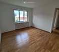 Empty room with wooden flooring, white walls, and a large window with a radiator below it.