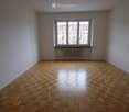 Empty room with wooden parquet flooring, white walls, and a large window with a radiator below it.