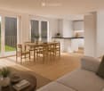 Bright, open-plan living and dining area with light wood flooring, large windows, and a balcony view. Features a sofa, coffee table with books and a vase, dining table with chairs, and a modern kitchen area with cabinets and a counter.