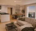 Modern, open-plan living and dining area with a white sofa, coffee table, dining table with chairs, and a kitchen island. Large windows open to a balcony with potted plants. The space features pendant lights, a floor lamp, and decorative vases.