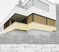 Modern two-story building with white and beige facade, large windows, and a prominent balcony on the upper level.