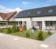 Contemporary 2 story house, white exterior, gray roof, large windows, garden, swing, two children playing, two adults on bench, patio with outdoor furniture, white car parked