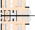 Floor plan of a two-story apartment with two entrances, two kitchens/dining/living areas, two bathrooms, and two bedrooms.