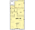 Floor plan of a 4-room apartment with a kitchen/living area, two bedrooms, two bathrooms, a corridor, and a terrace.