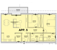 Floor plan of apartment 5, including living/dining area, kitchen, two bedrooms, two bathrooms, hallway, and a terrace.