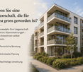 Modern multi-story apartment building with balconies, large windows, and landscaped garden area.