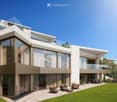 Modern three-story white brick house, large glass windows, terraces, outdoor dining area with furniture
