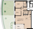 Floor plan of a 3.5-room apartment on the ground floor, including living/dining/kitchen area, two bedrooms, two bathrooms, hallway, storage room, and a terrace.