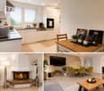 The image shows a modern, well-furnished interior with a kitchen area featuring a kitchen island, stove, sink, fridge, dishwasher, and oven. There is a dining area with a table and chairs, a living area with a fireplace, sofa, and television, and decorati