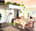 Open-plan living and dining area with modern furniture, including a dining table, chairs, sofa, refrigerator, oven, and decorative plants.