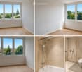 Empty room with wooden flooring, white walls, and large windows offering scenic views of trees and houses. Another empty room with similar features and a view. Bathroom with modern shower and glass enclosure, and a toilet.