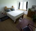Cozy bedroom with wooden flooring, a large bed with a wooden headboard, nightstand with a lamp, a wooden chair, a dresser with a plant, and a pet bed.
