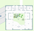 Floor plan showing a house layout with two kitchens, two bathrooms, an entrance, atrium, garden hall, and parking area.
