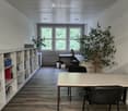 Modern office space with wooden flooring, large windows, a central table with chairs, shelves filled with books and supplies, and potted plants.